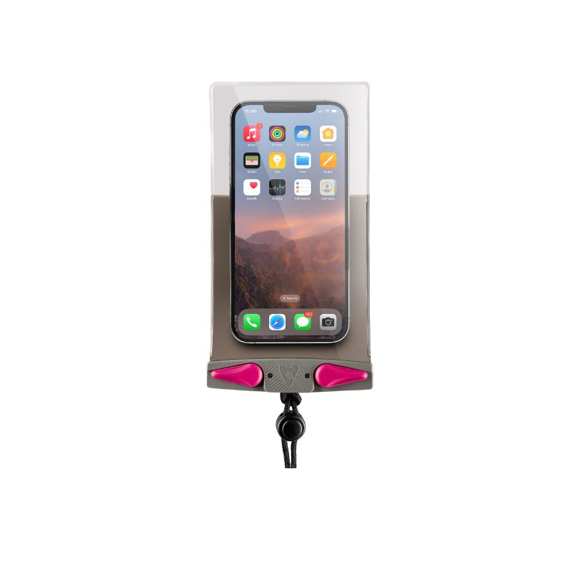 Aquapac Waterproof Floating Phone Case Compact Plus Grey - Grey Clamp - Pink Levers - Black Cord