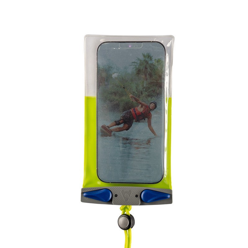 Aquapac Waterproof Floating Phone Case Compact Plus Lime Green - Grey Clamp - Blue levers - Acid green Cord
